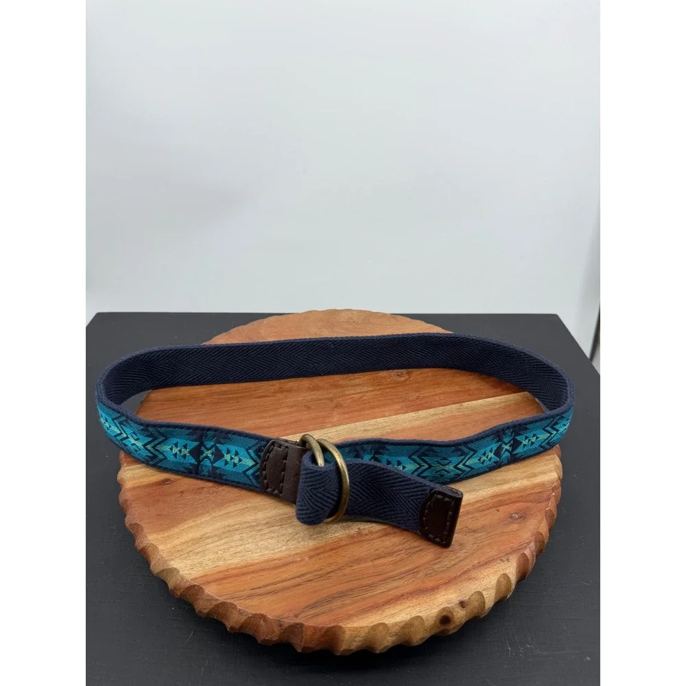 Unbranded Southwestern D-Ring Belt Mens Large Teal Blue Geometric Woven Fabric